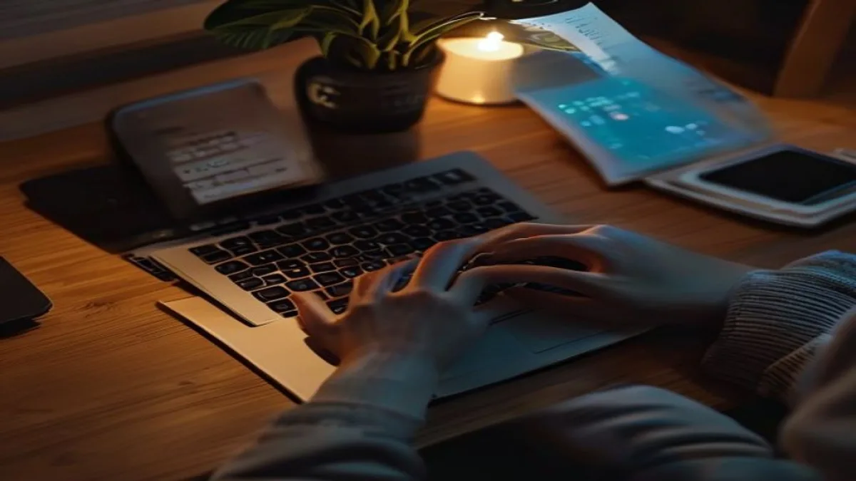 An overhead shot of a person's hands typing on a laptop keyboard in a dimly lit room in the evening, with a smartphone displaying social media notifications and a coffee mug on the desk, creating a cozy and productive atmosphere., featured image, 16:9, professional editorial blog image, no visible text, no logo, no watermark