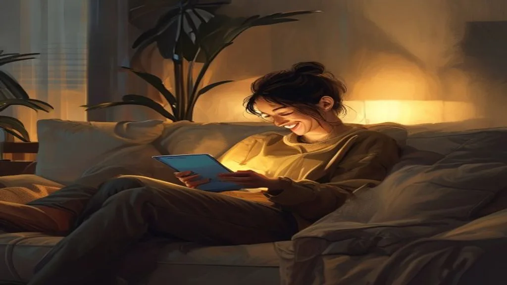 An illustration of a person happily reading an email on their tablet while relaxing on a