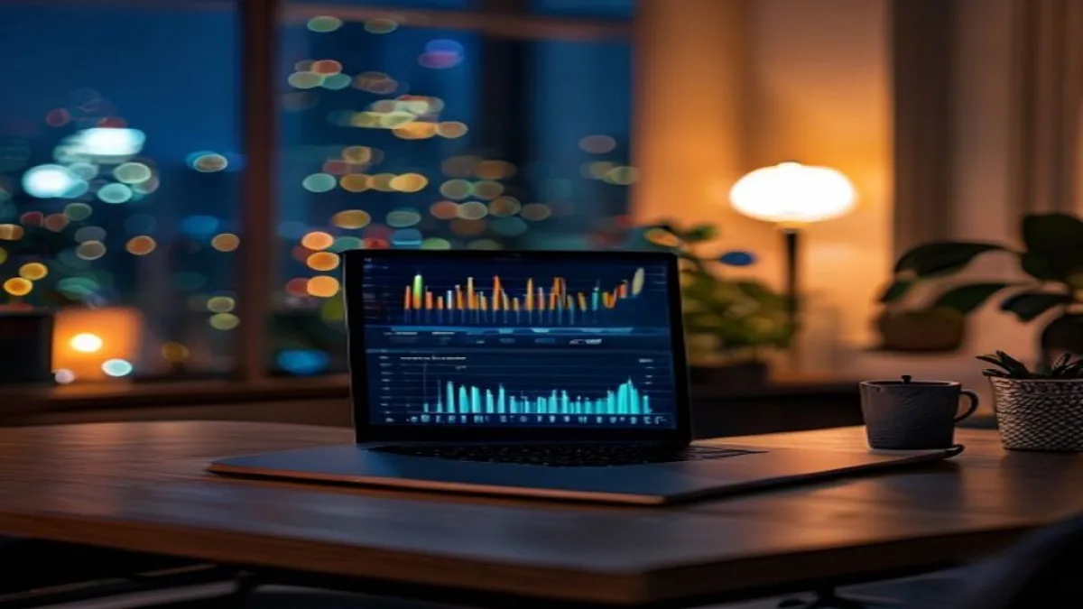 A cozy, modern home office setting at night with a laptop screen displaying marketing analytics charts, soft warm ambient lighting, blurred city lights in the background, professional and high-quality photography style., featured image, 16:9, professional editorial blog image, no visible text, no logo, no watermark