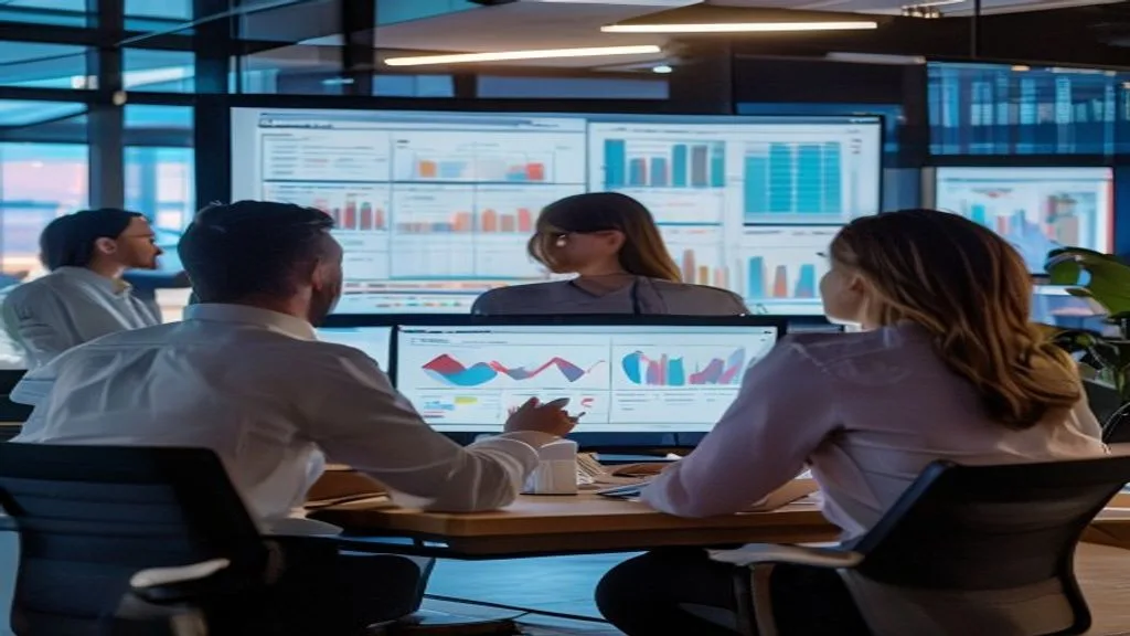 A digital marketing team analyzing performance metrics on a large screen during evening hours, professional office