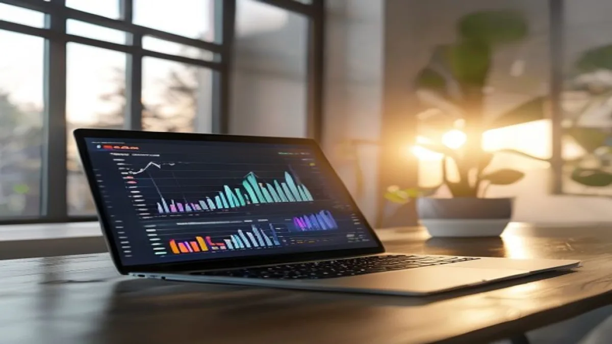 A modern workspace with a high-end laptop showing digital marketing growth charts and social media icons, bright natural sunlight coming from a window indicating noon time, professional and clean aesthetic, cinematic lighting, 8k resolution, editorial style., featured image, 16:9, professional editorial blog image, no visible text, no logo, no watermark