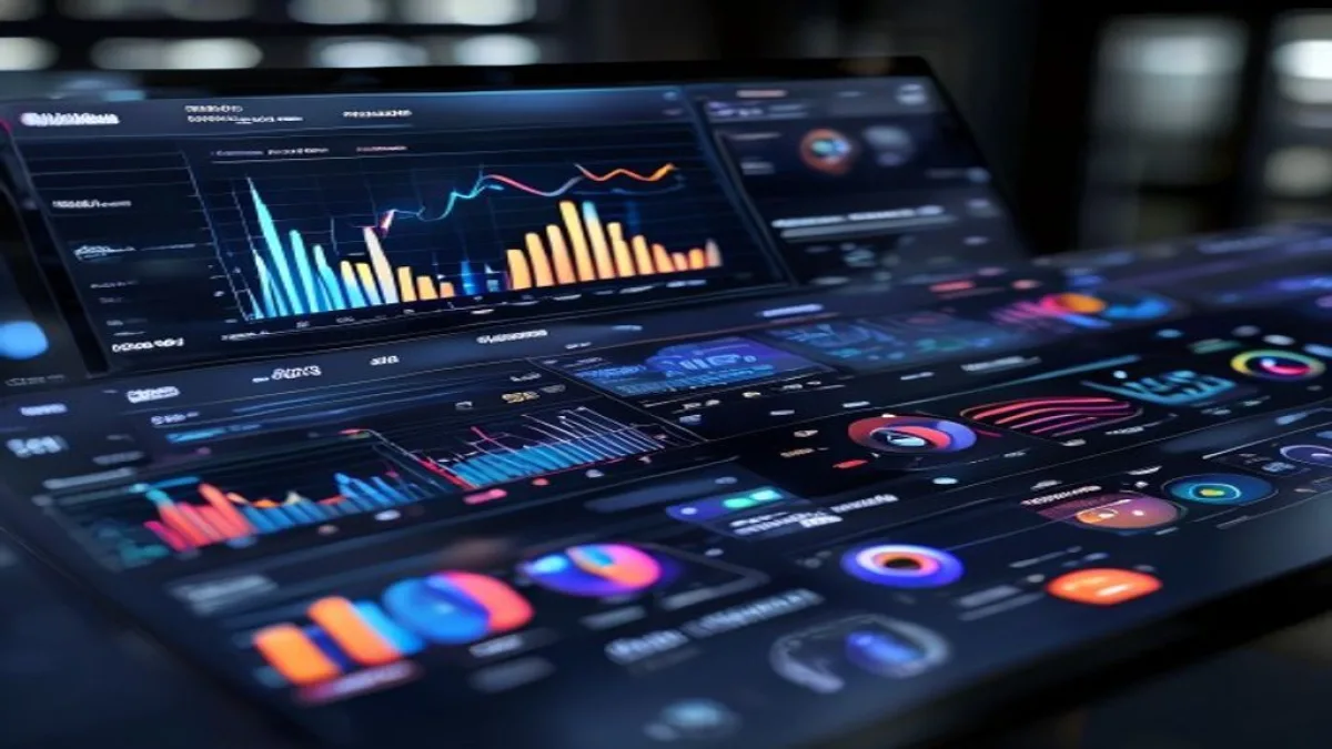 A futuristic digital marketing dashboard showing AI-driven insights, growth charts, and social media engagement metrics, rendered in a clean, modern, and abstract style. No text or branding visible., featured image, 16:9, professional editorial blog image, no visible text, no logo, no watermark