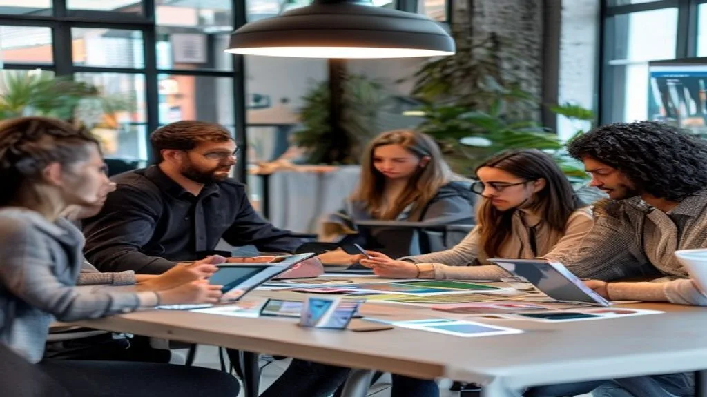 A diverse team brainstorming marketing strategies around a table with tablets and digital devices, modern corporate