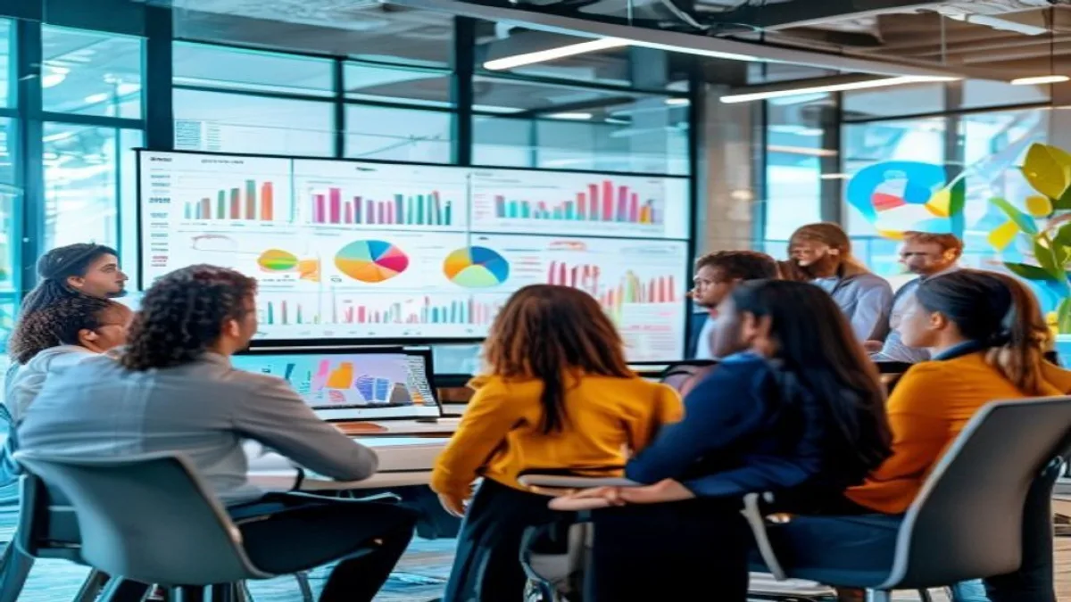 A modern bright office setting with a diverse team of marketing professionals looking at a large digital screen displaying data charts, colorful marketing strategy diagrams, and social media icons, professional photography, high resolution, no text., featured image, 16:9, professional editorial blog image, no visible text, no logo, no watermark