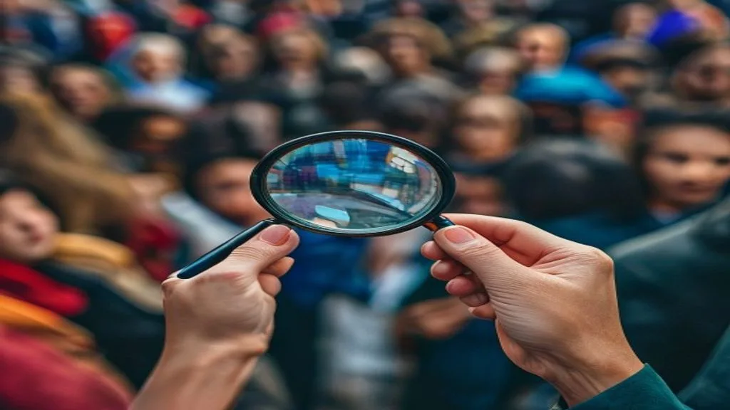 A person holding a magnifying glass over a diverse crowd, symbolizing market research and understanding the
