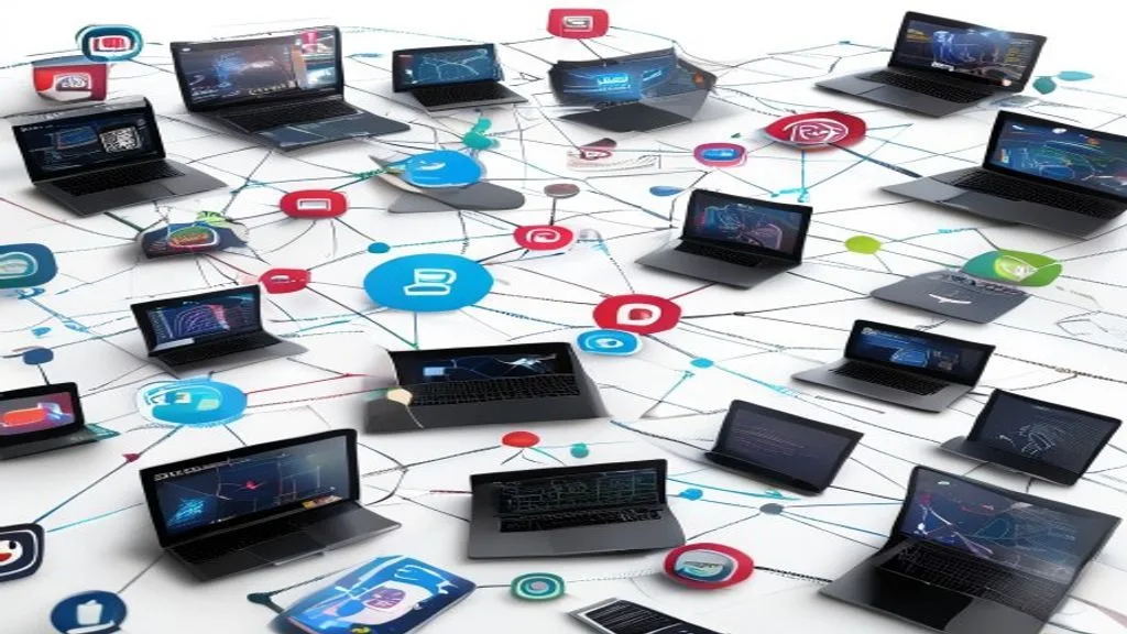 A network of interconnected digital devices (laptops, tablets, smartphones) with social media icons and SEO graphs,