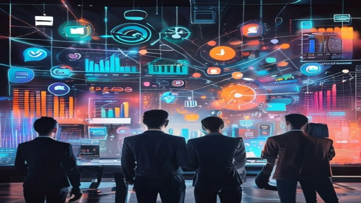 A vibrant and dynamic visual representing modern marketing strategies, with abstract elements like charts, graphs, social media icons, and digital screens converging. A diverse group of people are looking at a shared holographic display, symbolizing collaboration and data analysis. The image should convey innovation and success in business, with no visible text or logos., featured image, 16:9, professional editorial blog image, no visible text, no logo, no watermark