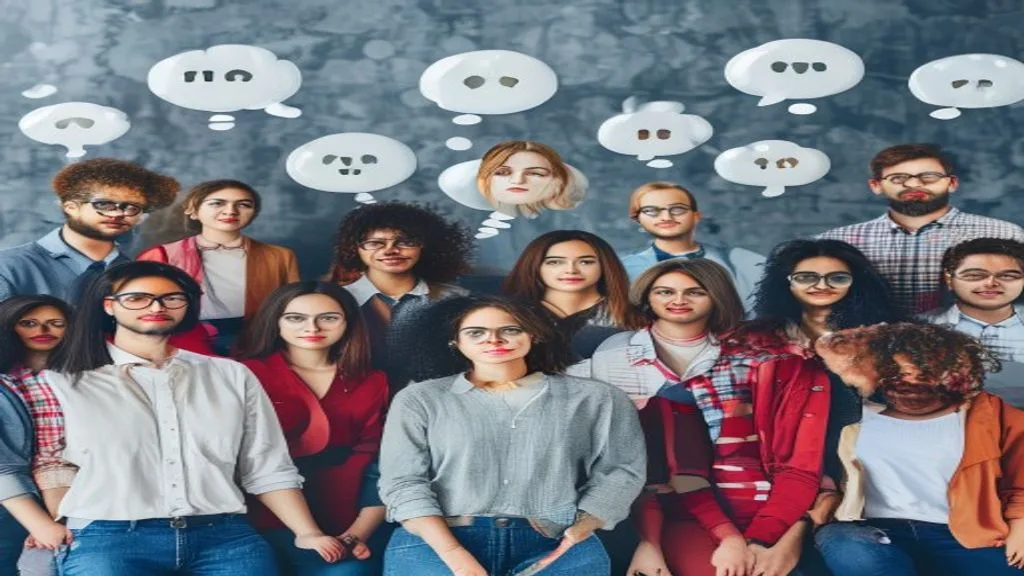 Diverse group of people representing a target audience, with thought bubbles showing different needs and preferences,