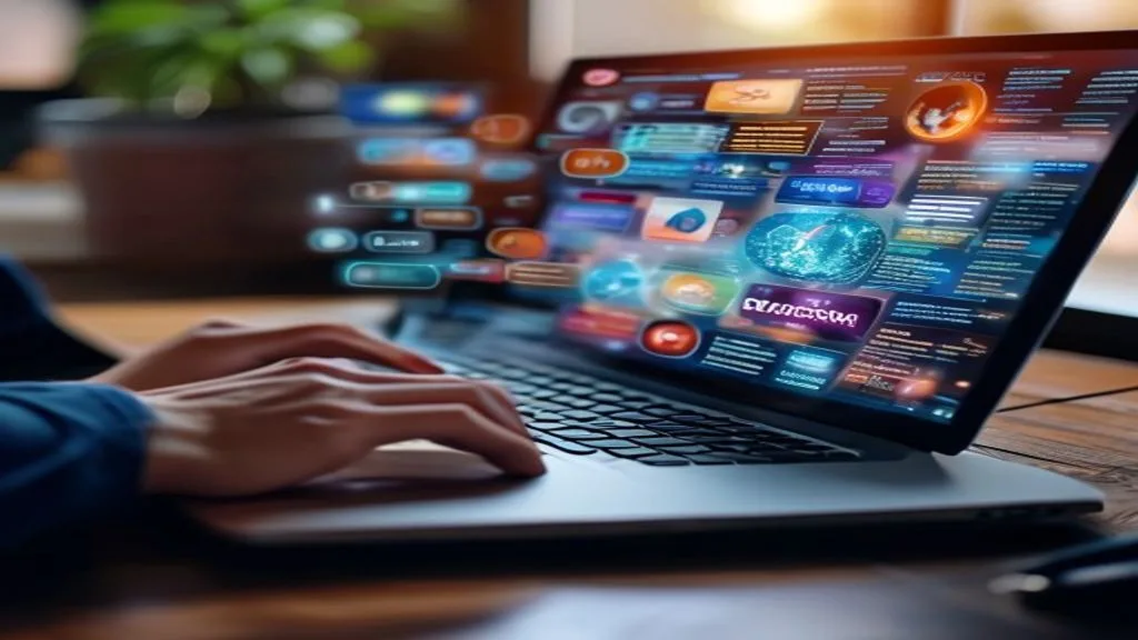 A person's hand typing on a laptop with various content types (blog, video, social post) emanating