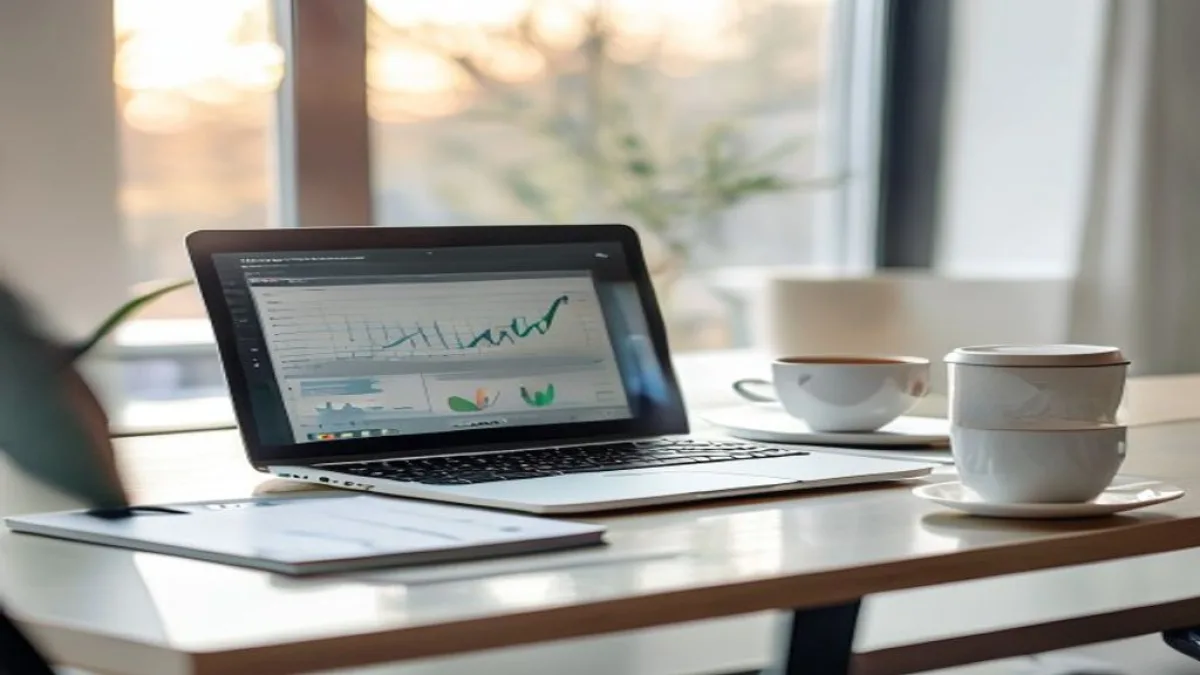 A modern, minimalist office desk with a laptop displaying a marketing analytics dashboard, a notebook with strategy diagrams, and a coffee cup. Soft, natural light coming from a window. Focus on clean lines and professional tools. No people visible., featured image, 16:9, professional editorial blog image, no visible text, no logo, no watermark