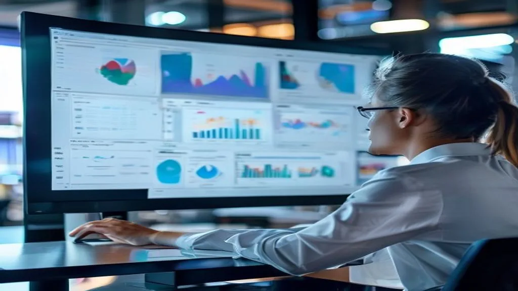 A person analyzing complex marketing data on a large screen, infographic style, professional business setting., editorial