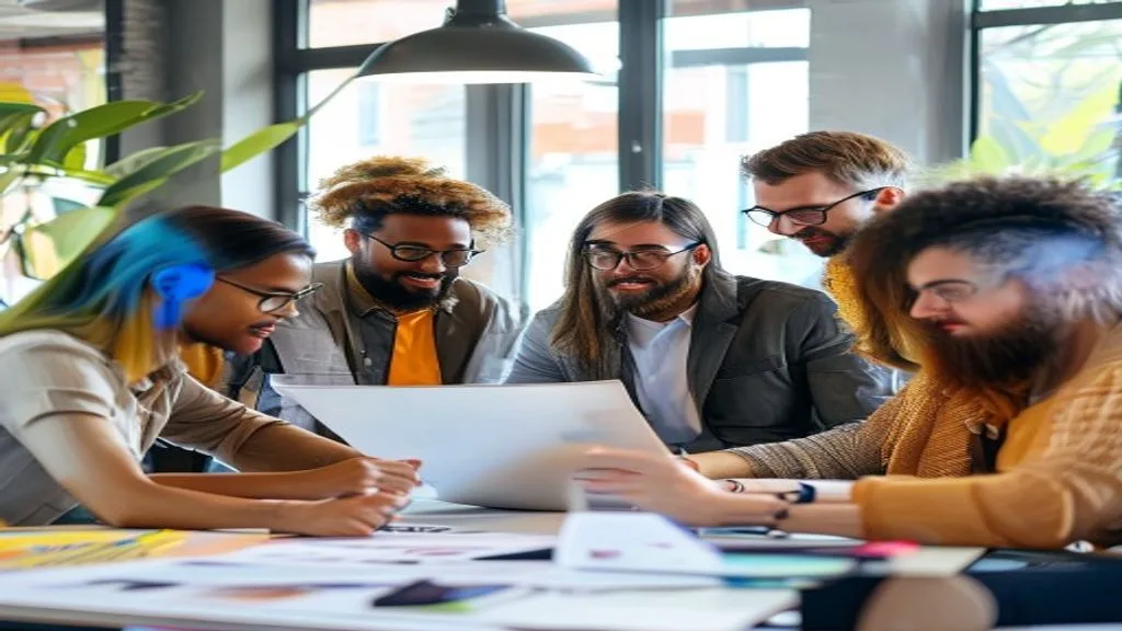 Group of diverse creative professionals collaborating on a marketing strategy in a bright modern office., editorial