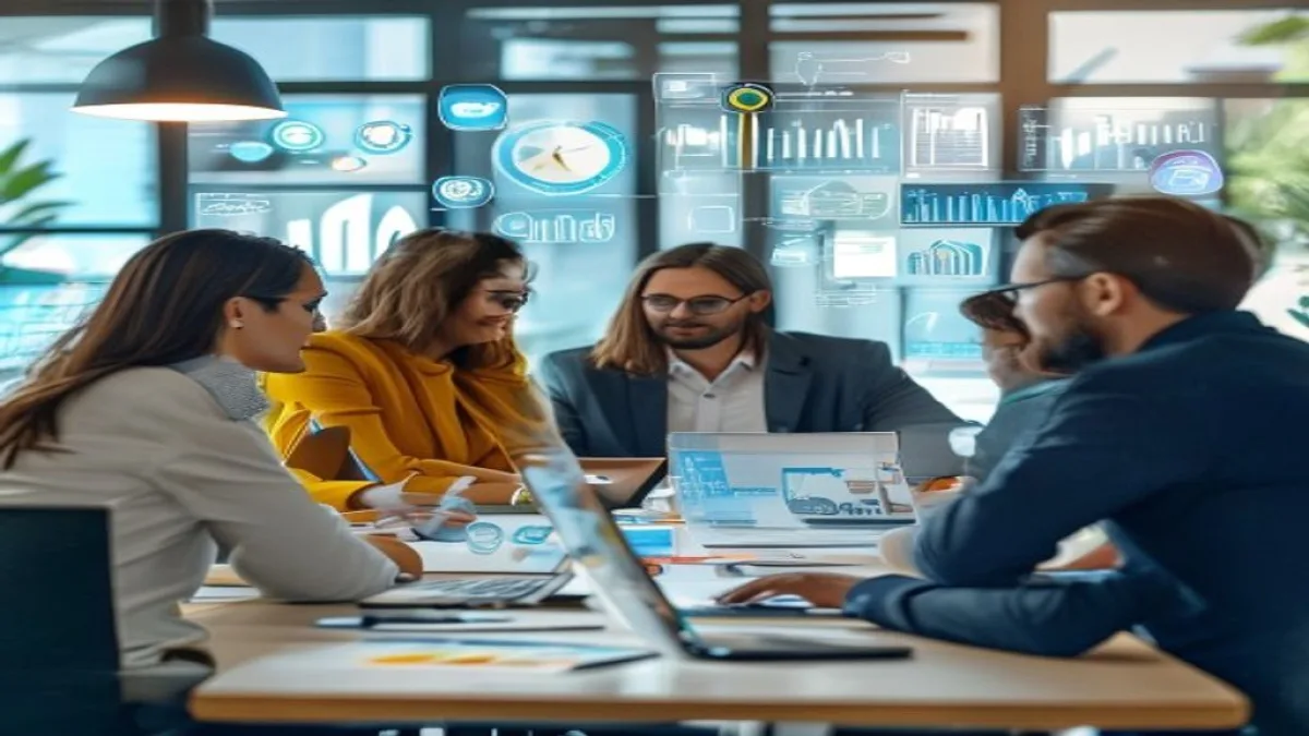 A diverse group of professionals collaborating around a table, with digital marketing elements (charts, laptop screens showing social media, SEO icons) subtly integrated into the background. Bright, optimistic tone, no visible text, no logos, no watermarks.