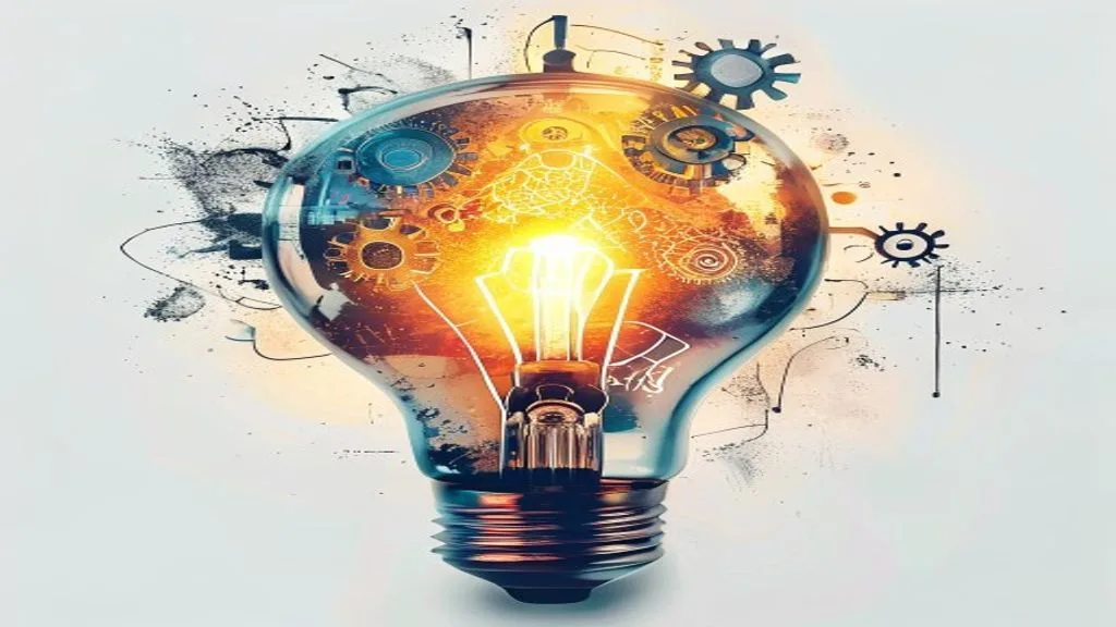 A lightbulb glowing with gears and creative abstract shapes inside, representing innovative thinking and new ideas.