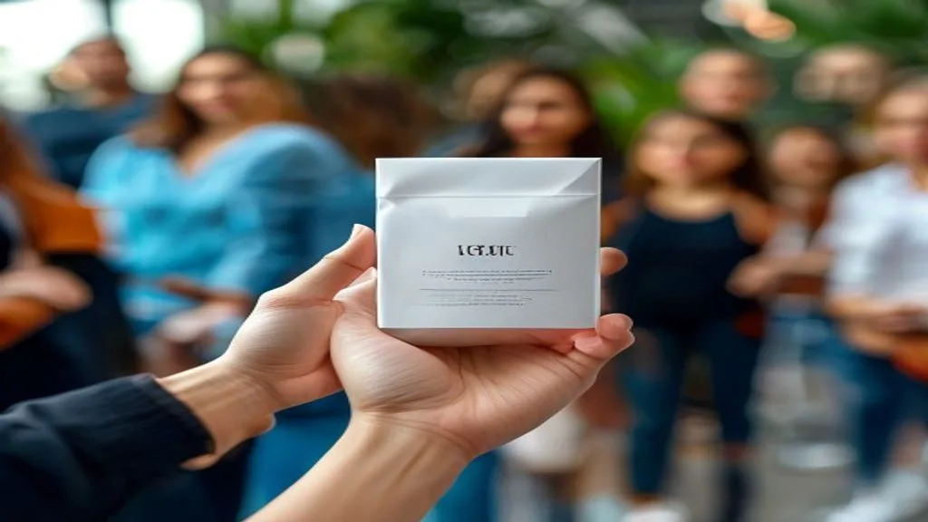 A hand holding a product (generic, unbranded packaging) being presented to a diverse group of customers,