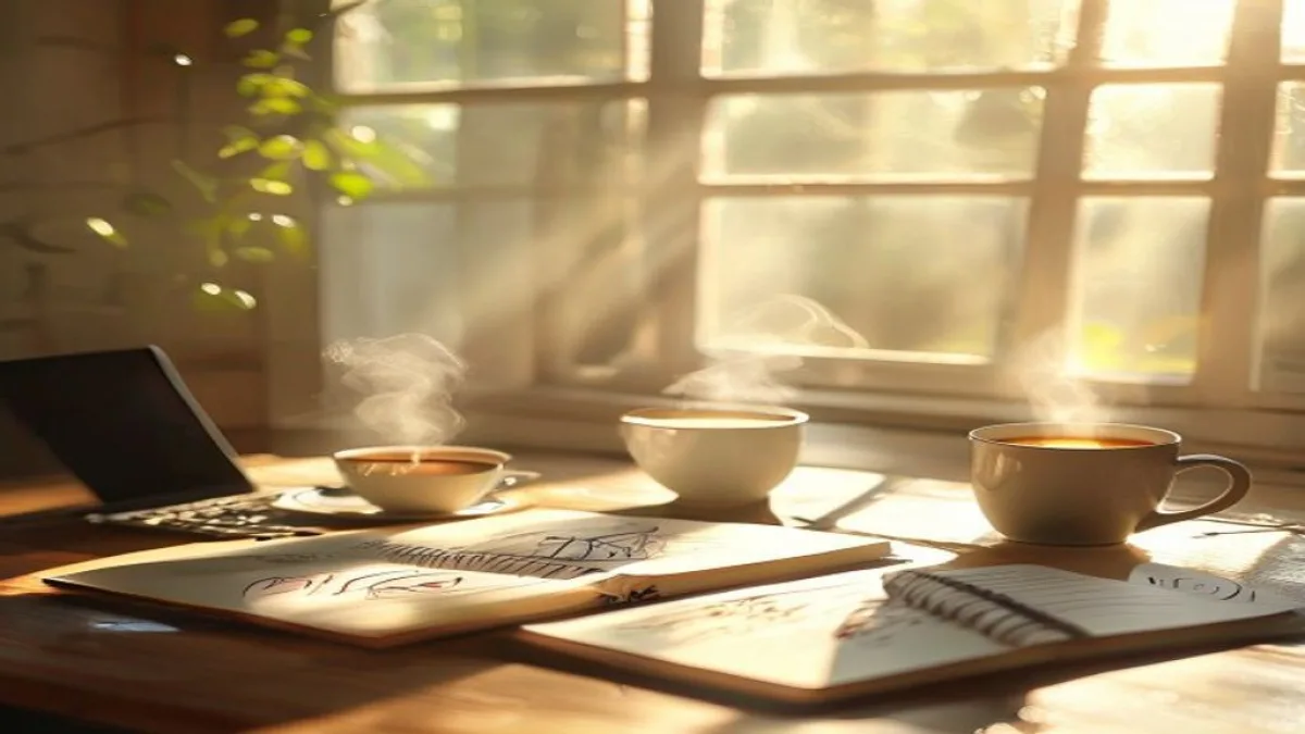 A bright and inspiring morning scene with a laptop on a clean desk, a steaming cup of coffee, and a notebook open to a page with marketing strategy doodles. Soft sunlight streams in from a window. The overall mood is productive and optimistic., featured image, 16:9, professional editorial blog image, no visible text, no logo, no watermark