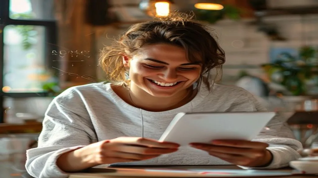 A person smiling while reading an email on their tablet during breakfast, with a subtle brand