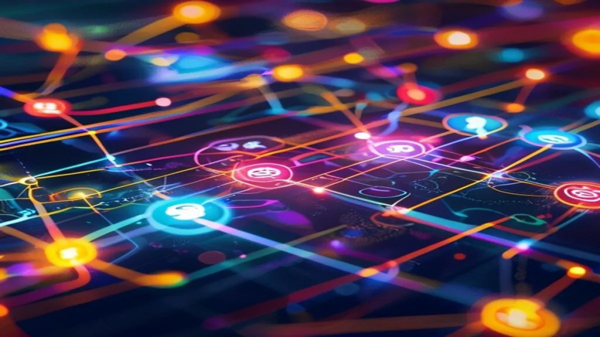 A vibrant and modern abstract digital art representing the interconnectedness of various digital marketing strategies, with glowing lines connecting icons of social media, content, SEO, and AI. The overall mood should be forward-looking and innovative., featured image, 16:9, professional editorial blog image, no visible text, no logo, no watermark