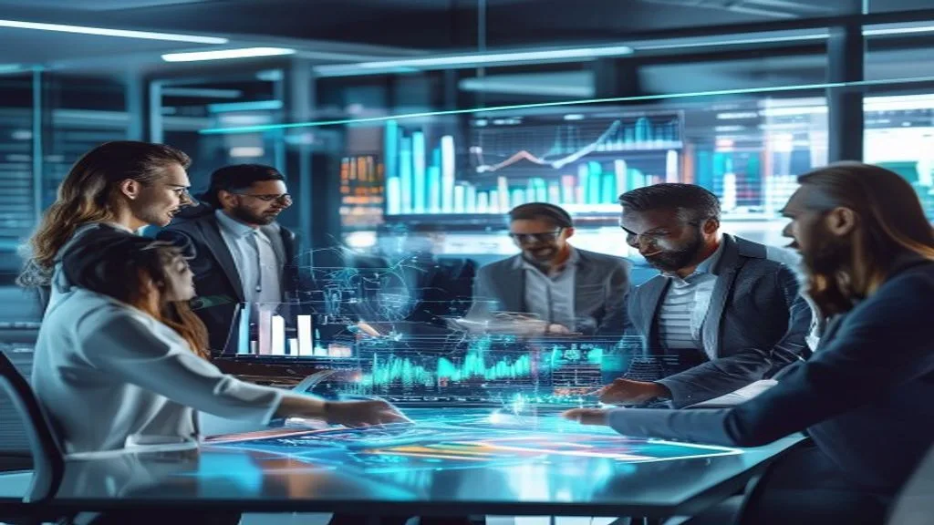 A diverse group of professionals collaborating around a holographic display showing data analytics and marketing charts,