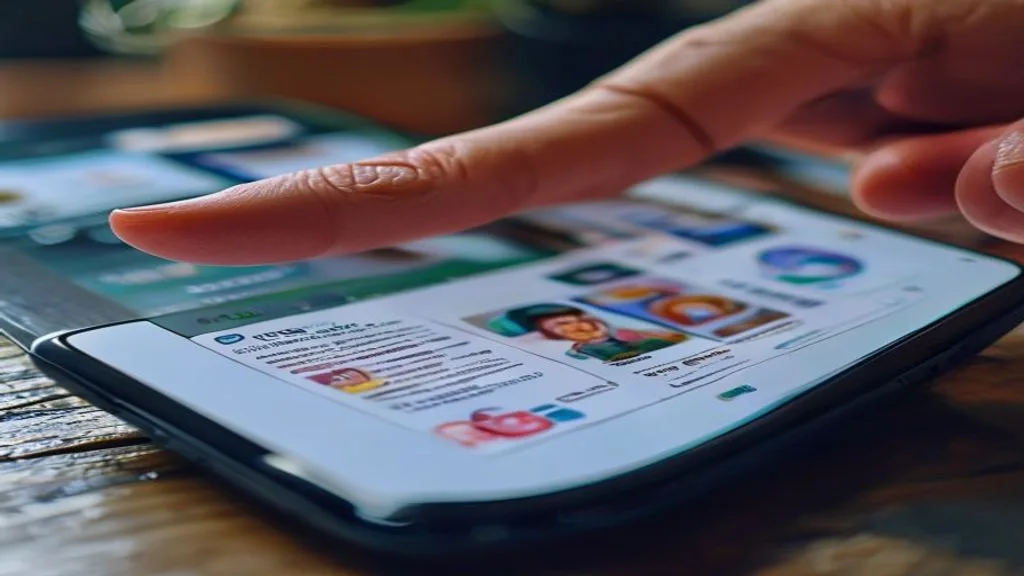 A close-up shot of a hand interacting with a smartphone displaying a personalized social media feed