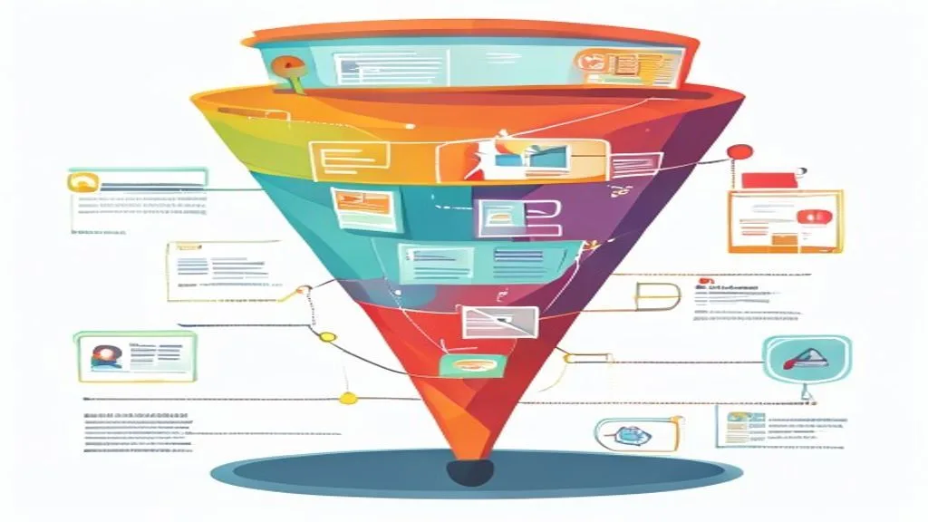 An illustration of a content marketing funnel, showing stages from awareness to conversion, with icons representing