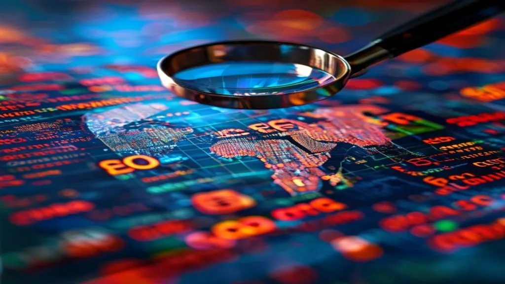 An abstract visual representing SEO, with a magnifying glass hovering over a stylized globe covered in