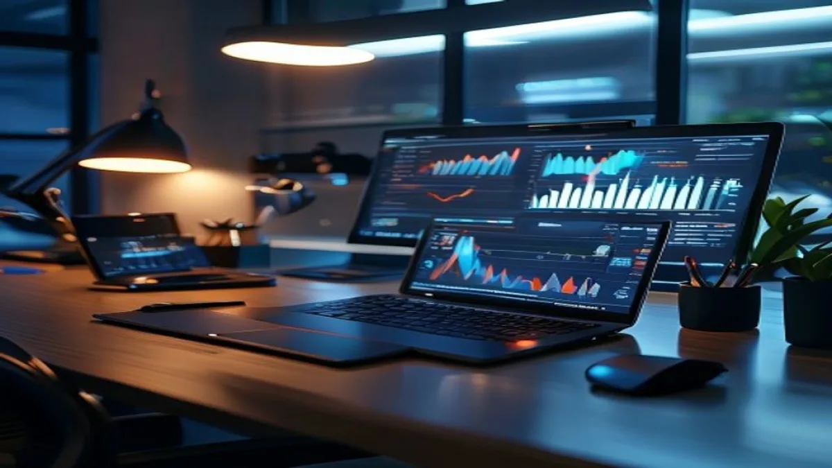 A modern, high-tech office desk at night with a glowing smartphone and laptop screen showing digital marketing analytics graphs, professional lighting, cinematic style., featured image, 16:9, professional editorial blog image, no visible text, no logo, no watermark