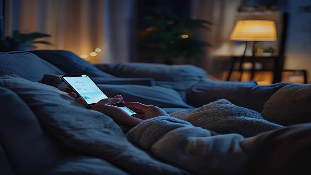 A person using a smartphone to shop online comfortably on a couch in a cozy dimly
