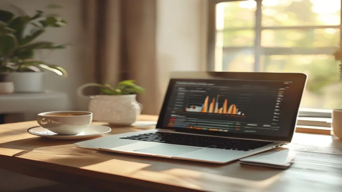 A serene and productive morning scene in a home office, with a laptop displaying marketing analytics, a cup of coffee, and soft natural light streaming in. The overall atmosphere is calm and focused, suggesting the start of a successful workday. No text or logos visible., featured image, 16:9, professional editorial blog image, no visible text, no logo, no watermark