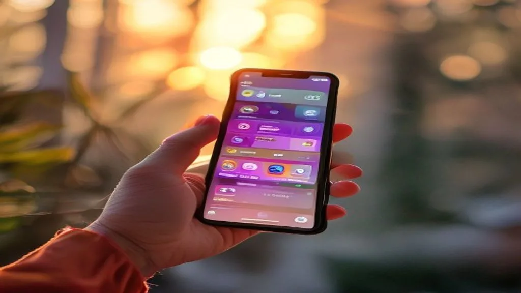 Close-up shot of a hand holding a smartphone displaying a vibrant social media feed with engaging