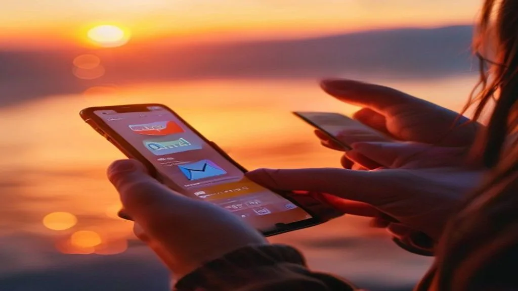 A close-up of a person's hands holding a smartphone displaying a vibrant email marketing interface during