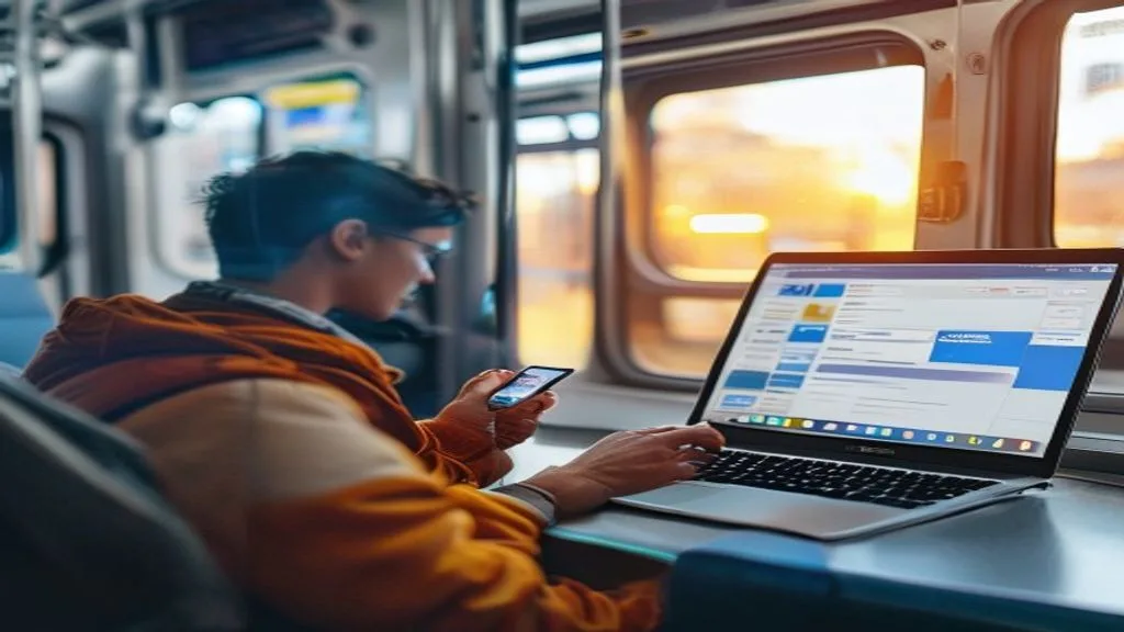 A split image: one side shows a person commuting on a train while checking social media