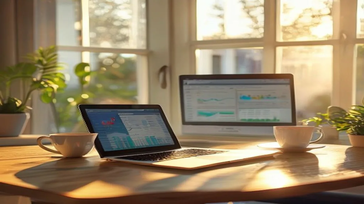 A bright and optimistic morning scene in a modern home office, with a laptop open showing marketing analytics dashboard, a cup of coffee, and sunlight streaming through the window. The overall mood is productive and focused., featured image, 16:9, professional editorial blog image, no visible text, no logo, no watermark