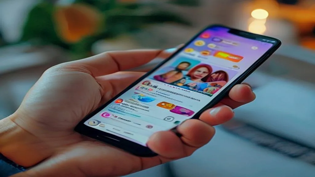 Close-up of a hand holding a smartphone displaying a vibrant social media feed with engaging morning