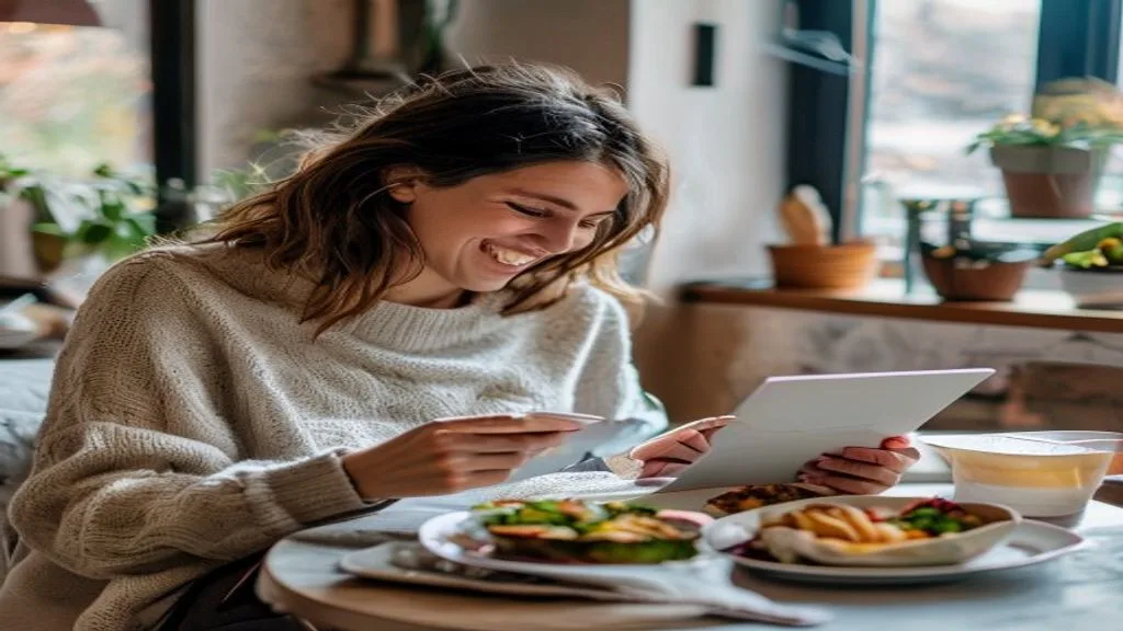 A person smiling while reading an email on their tablet during breakfast, with a healthy meal