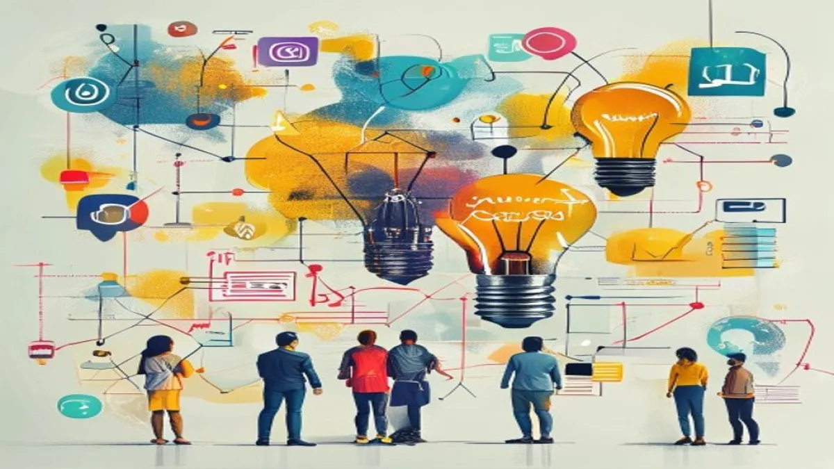 A vibrant, abstract image depicting various marketing elements like graphs, social media icons, a lightbulb for ideas, and people collaborating, all connected by lines representing strategy. Modern, digital aesthetic, no visible text, no logos, no watermarks.
