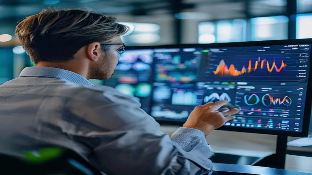 A person looking at a digital dashboard with charts and data visualizations, representing market analysis and