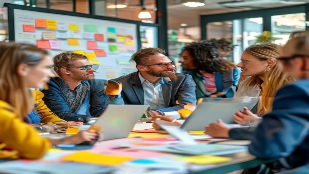 A diverse group of professionals brainstorming around a table, with sticky notes, laptops, and a whiteboard,