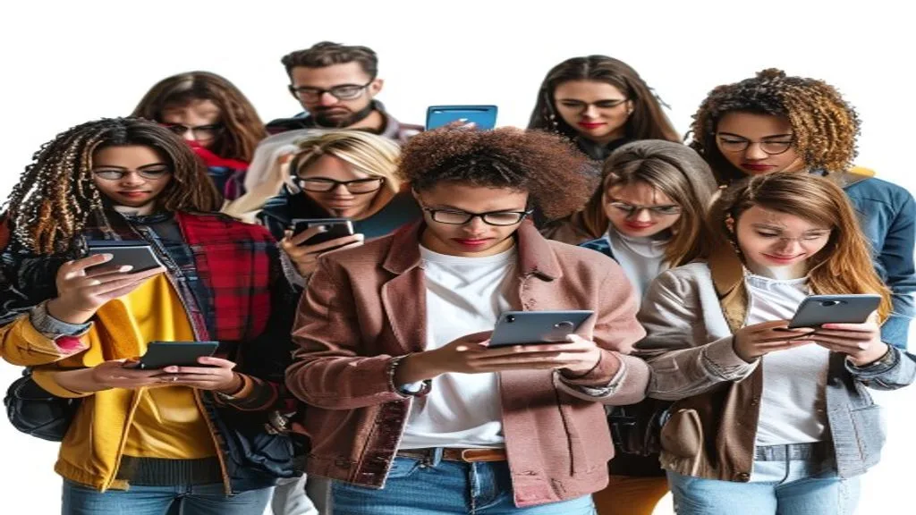 A diverse group of people actively engaged with digital devices, illustrating audience targeting in marketing., editorial