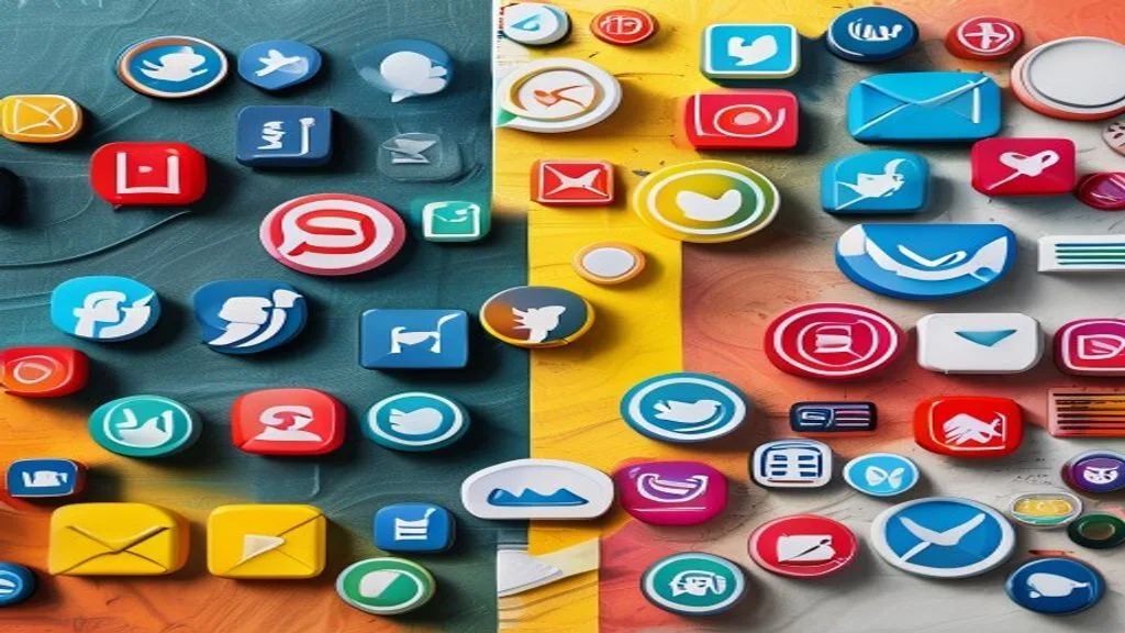 A split image showing different digital marketing channels like social media icons, email symbols, and search