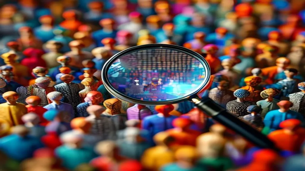 A magnifying glass over a diverse crowd of stylized people, symbolizing target audience research and segmentation.