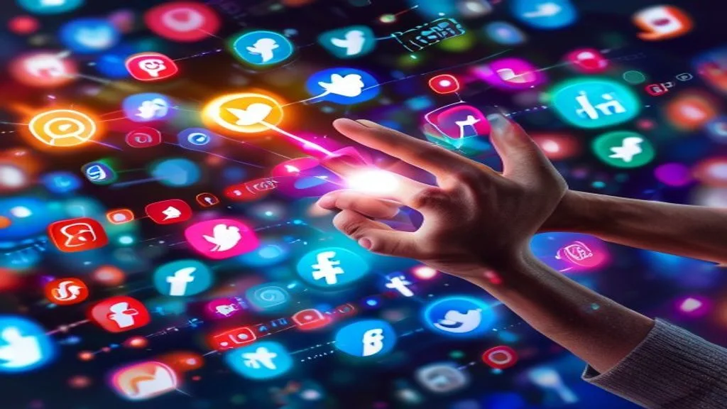 A person's hand interacting with various social media icons (like Facebook, Instagram, TikTok, LinkedIn) floating in