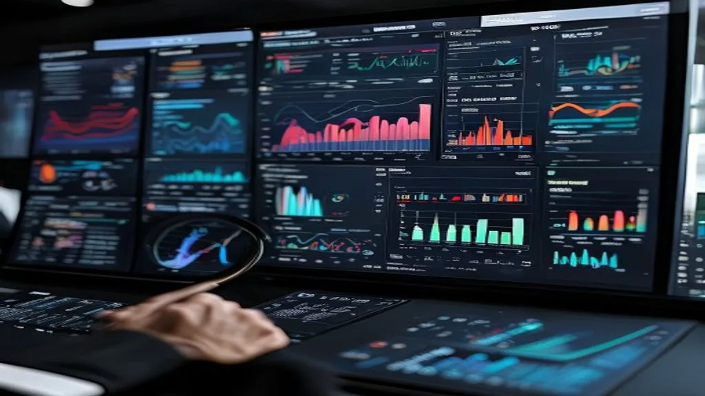 A sophisticated dashboard with various charts and graphs, showing data analysis, key performance indicators (KPIs), and