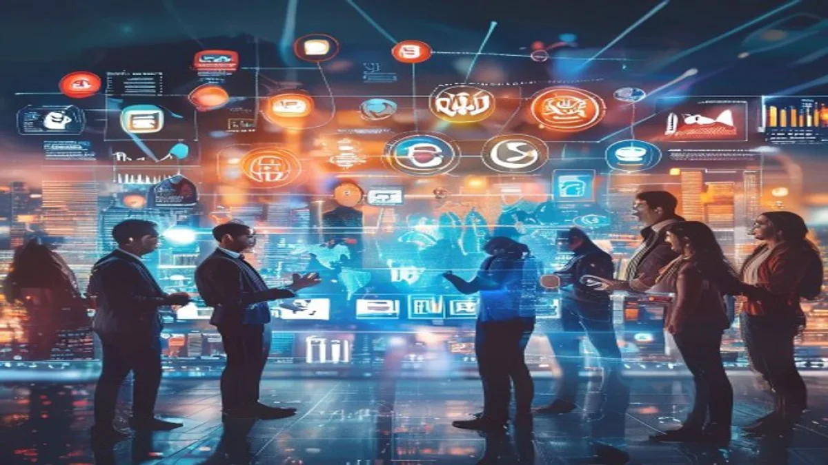 A vibrant and dynamic image representing modern marketing strategies. It should feature a diverse group of professionals collaborating around a holographic display showing data analytics, social media icons, and content creation tools. The background should be a blurred cityscape, emphasizing growth and global reach. No visible text or logos., featured image, 16:9, professional editorial blog image, no visible text, no logo, no watermark