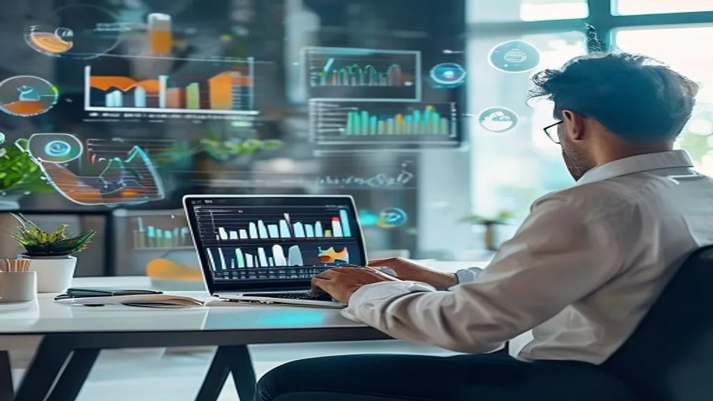 A person sitting at a desk, deeply focused on a laptop screen, with various charts and