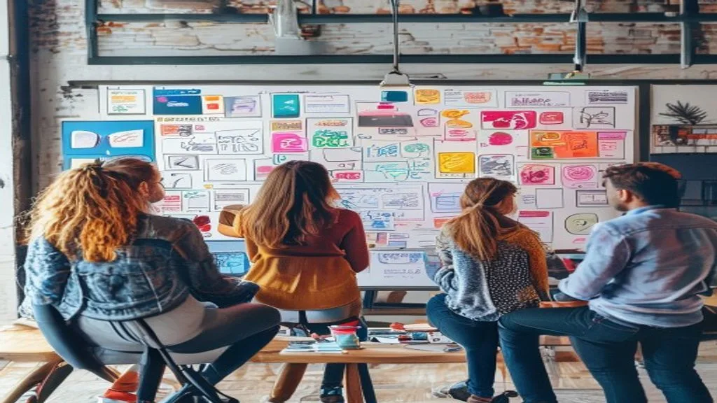 A creative team brainstorming content ideas for various digital platforms. Whiteboard filled with keywords, sketches of