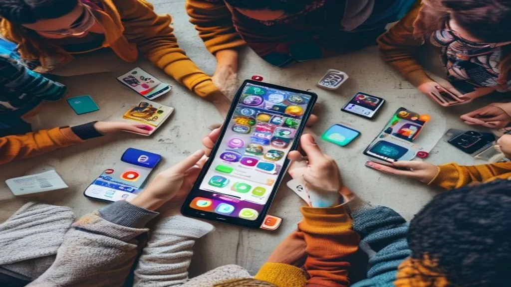 A smartphone displaying various social media apps with engaging content, surrounded by diverse people interacting with