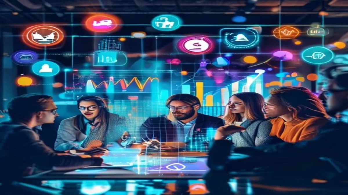 A vibrant and modern marketing strategy concept. A diverse group of professionals collaborating around a holographic projection of data analytics, social media icons, and a growth chart. The scene should convey innovation, teamwork, and digital transformation in business., featured image, 16:9, professional editorial blog image, no visible text, no logo, no watermark