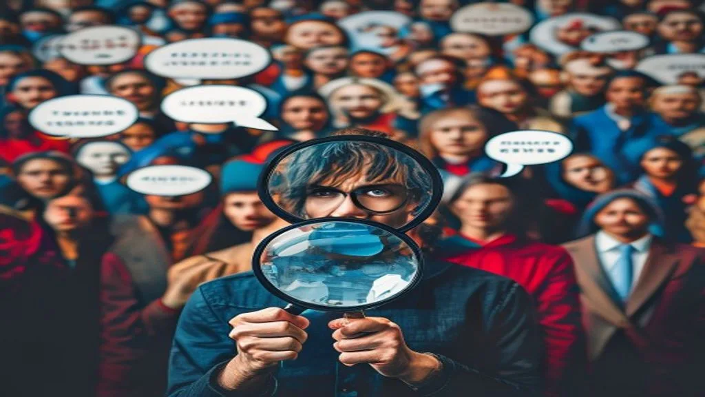 A person holding a magnifying glass over a diverse crowd, with thought bubbles representing different interests