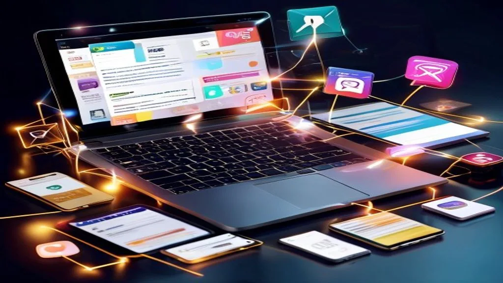 A collage of digital marketing elements: a laptop displaying a website, a smartphone with social media